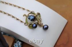 Art Nouveau Necklace Green Leaf Black Baroque Pearl Vintage Style QD12