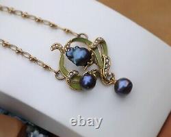 Art Nouveau Necklace Green Leaf Black Baroque Pearl Vintage Style QD12