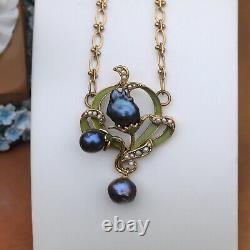 Art Nouveau Necklace Green Leaf Black Baroque Pearl Vintage Style QD12