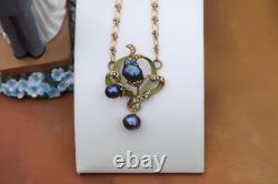 Art Nouveau Necklace Green Leaf Black Baroque Pearl Vintage Style QD12