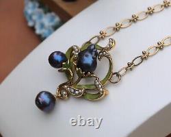 Art Nouveau Necklace Green Leaf Black Baroque Pearl Vintage Style QD12