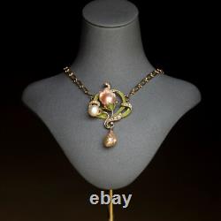 Art Nouveau Necklace Green Leaf Vintage Style Baroque Pearl Pink QD12