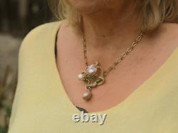 Art Nouveau Necklace Green Leaf Vintage Style Baroque Pearl Pink QD12