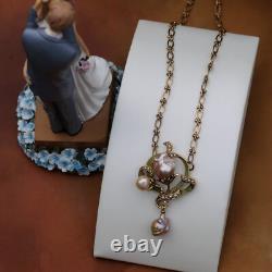 Art Nouveau Necklace Green Leaf Vintage Style Baroque Pearl Pink QD12