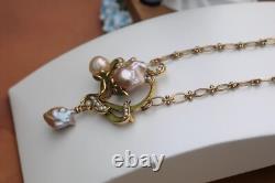 Art Nouveau Necklace Green Leaf Vintage Style Baroque Pearl Pink QD12