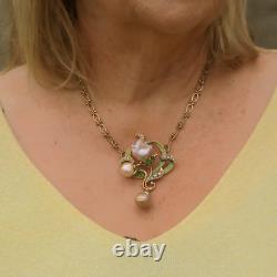 Art Nouveau Necklace Green Leaf Vintage Style Baroque Pearl Pink QD12