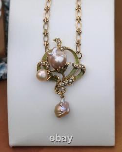 Art Nouveau Necklace Green Leaf Vintage Style Baroque Pearl Pink QD12