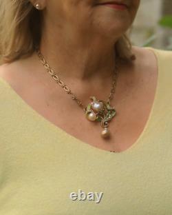 Art Nouveau Necklace Green Leaf Vintage Style Baroque Pearl Pink QD12