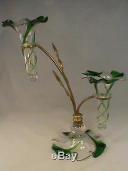 Art Nouveau OSLER Brass Epergne Vase Victorian Green Swirl Glass European RARE