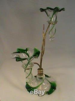 Art Nouveau OSLER Brass Epergne Vase Victorian Green Swirl Glass European RARE