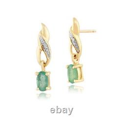 Art Nouveau Oval Emerald & Diamond Drop Earrings in 9ct Yellow Gold