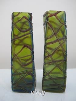 Art Nouveau PALLME-KONIG Czech Bohemian Veined IRIDESCENT Green Glass Vase Pair