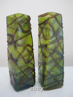 Art Nouveau PALLME-KONIG Czech Bohemian Veined IRIDESCENT Green Glass Vase Pair