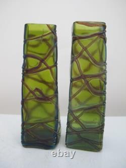 Art Nouveau PALLME-KONIG Czech Bohemian Veined IRIDESCENT Green Glass Vase Pair