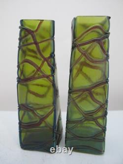 Art Nouveau PALLME-KONIG Czech Bohemian Veined IRIDESCENT Green Glass Vase Pair