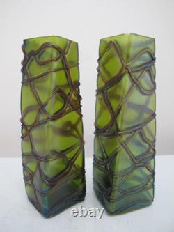 Art Nouveau PALLME-KONIG Czech Bohemian Veined IRIDESCENT Green Glass Vase Pair