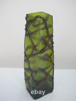 Art Nouveau PALLME-KONIG Czech Bohemian Veined IRIDESCENT Green Glass Vase Pair