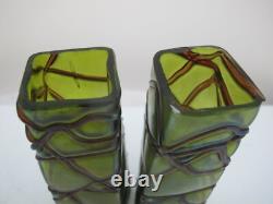 Art Nouveau PALLME-KONIG Czech Bohemian Veined IRIDESCENT Green Glass Vase Pair