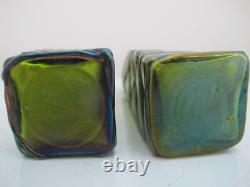 Art Nouveau PALLME-KONIG Czech Bohemian Veined IRIDESCENT Green Glass Vase Pair