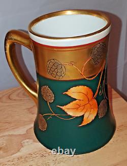 Art Nouveau PICKARD Beer & Hops Large Stein Gold & Green Lustre Leaves