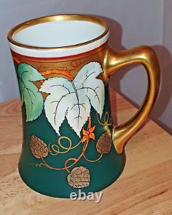 Art Nouveau PICKARD Beer & Hops Large Stein Gold & Green Lustre Leaves