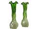 Art Nouveau Pair Of Green Vases Of Slender Wrythen Form With Wavy Rims 24cm