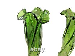 Art Nouveau Pair of Green Vases of Slender Wrythen Form with Wavy Rims 24cm