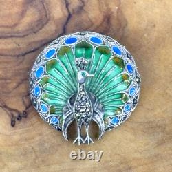 Art Nouveau Peacock Brooch Pin Blue Green Enamel 935 Silver Germany Marcasite