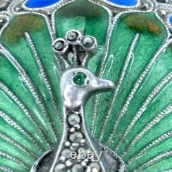 Art Nouveau Peacock Brooch Pin Blue Green Enamel 935 Silver Germany Marcasite