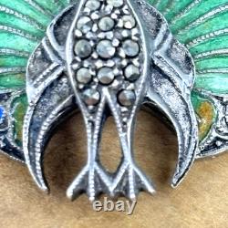 Art Nouveau Peacock Brooch Pin Blue Green Enamel 935 Silver Germany Marcasite