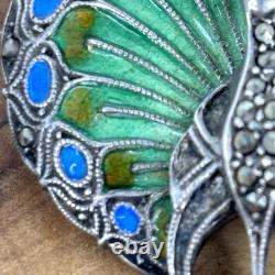 Art Nouveau Peacock Brooch Pin Blue Green Enamel 935 Silver Germany Marcasite