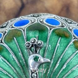 Art Nouveau Peacock Brooch Pin Blue Green Enamel 935 Silver Germany Marcasite