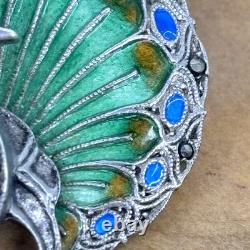 Art Nouveau Peacock Brooch Pin Blue Green Enamel 935 Silver Germany Marcasite