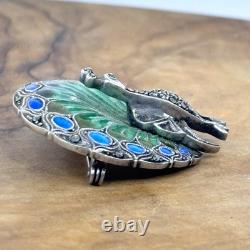 Art Nouveau Peacock Brooch Pin Blue Green Enamel 935 Silver Germany Marcasite