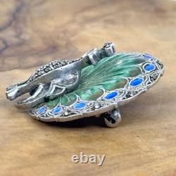 Art Nouveau Peacock Brooch Pin Blue Green Enamel 935 Silver Germany Marcasite