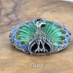 Art Nouveau Peacock Brooch Pin Blue Green Enamel 935 Silver Germany Marcasite