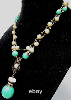 Art Nouveau Peking Green Glass Faux Pearl Antique Necklace