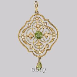 Art Nouveau Peridot and Seed Pearl Pendant 15ct Gold Antique Edwardian ca 1905
