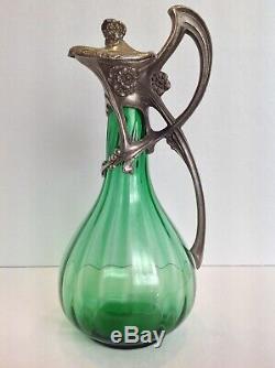 Art Nouveau Pewter Mounted Wine Claret Jug Green Paneled Glass
