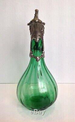 Art Nouveau Pewter Mounted Wine Claret Jug Green Paneled Glass