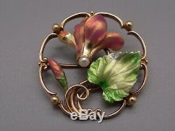 Art Nouveau Pink Green Enamel 14k Gold Pearl Leaf Flower Brooch Pin Pendant