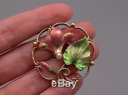 Art Nouveau Pink Green Enamel 14k Gold Pearl Leaf Flower Brooch Pin Pendant