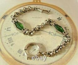 Art Nouveau Pocket Watch Chain 1910 Antique Silver Chrome Green Glass Albert Nos