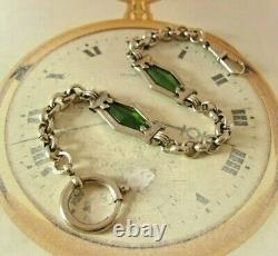 Art Nouveau Pocket Watch Chain 1910 Antique Silver Chrome Green Glass Albert Nos