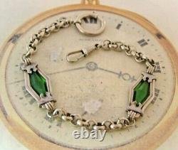 Art Nouveau Pocket Watch Chain 1910 Antique Silver Chrome Green Glass Albert Nos