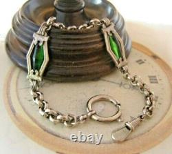 Art Nouveau Pocket Watch Chain 1910 Antique Silver Chrome Green Glass Albert Nos