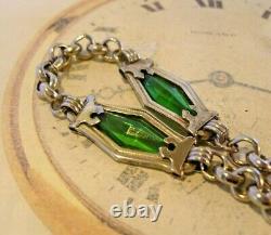 Art Nouveau Pocket Watch Chain 1910 Antique Silver Chrome Green Glass Albert Nos