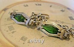 Art Nouveau Pocket Watch Chain 1910 Antique Silver Chrome Green Glass Albert Nos