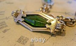 Art Nouveau Pocket Watch Chain 1910 Antique Silver Chrome Green Glass Albert Nos