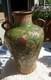 Art Nouveau Pottery Vase, Chinoiserie, 2 Handles, Green Leaf & Enamel Embossed
